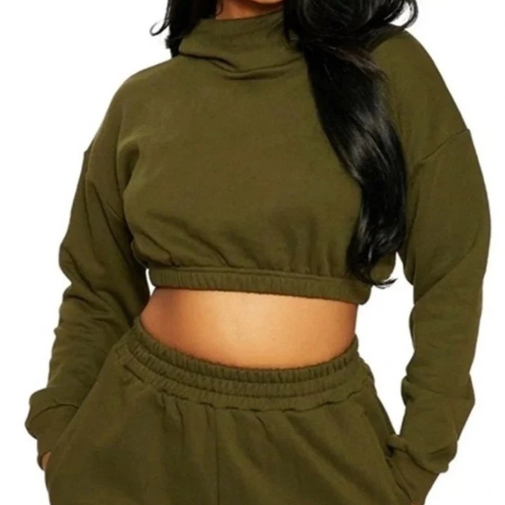 NAKED‎ WARDROBE Cropped Hoodie Womens XS Olive Green Pullover Sweatshirt NWOT